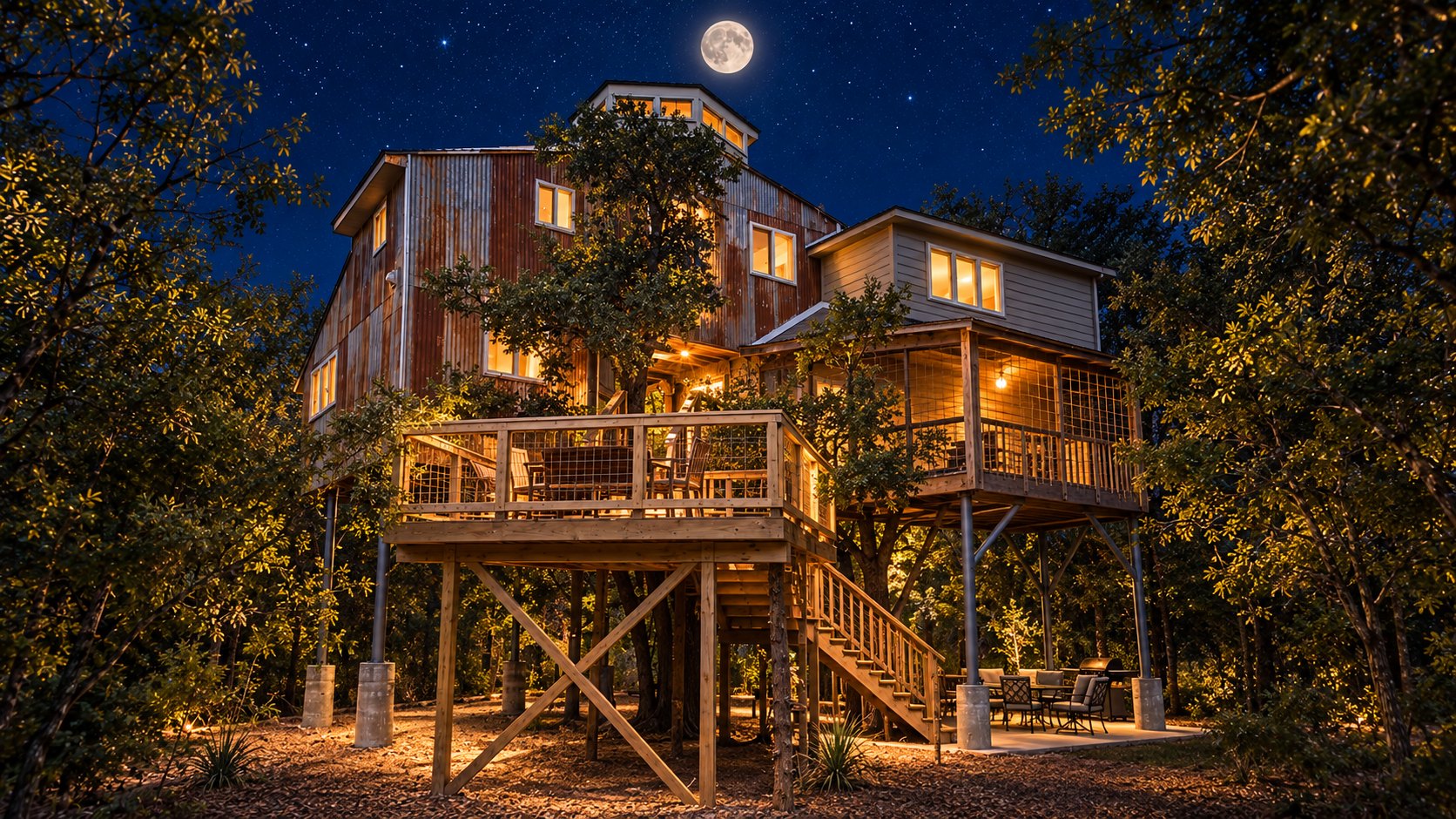 Upward Treehouse lit up among the pines at night